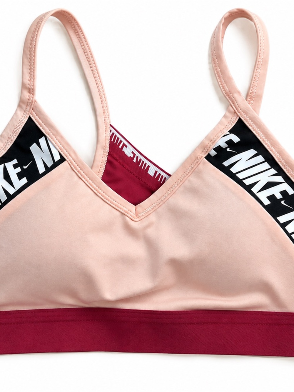 Nike Women's Blush Pink and Burgundy Logo-Trim Sports Bra